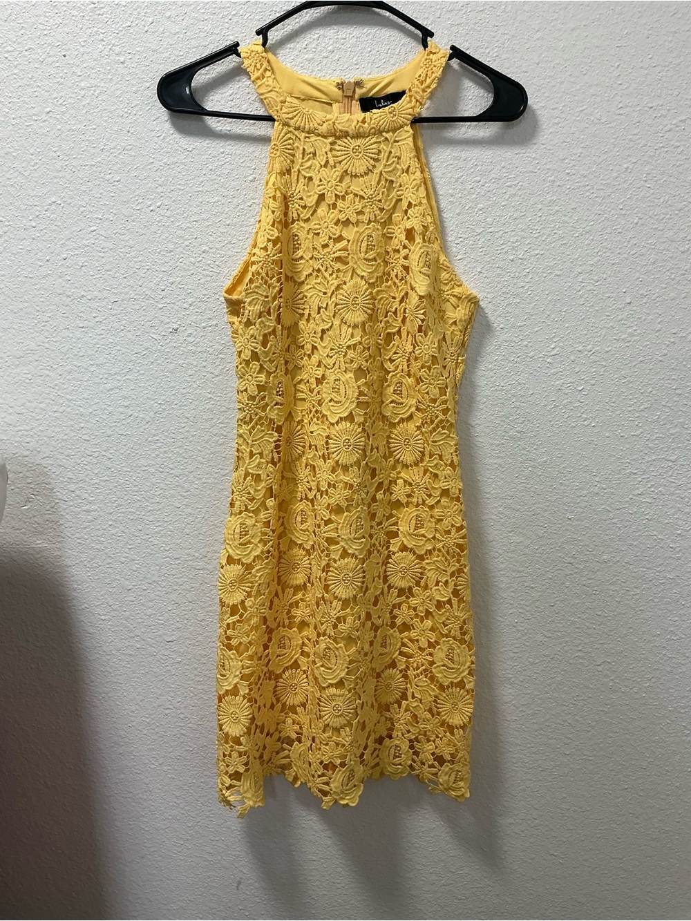 Lulu's Bright Yellow Crochet Halter Mini Dress size small